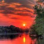 закат, заход солнца, конец дня, отражение, вода, озера, деревья, оранжевый свет